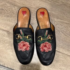 Gucci Black Mules with Pink Floral Embroidery